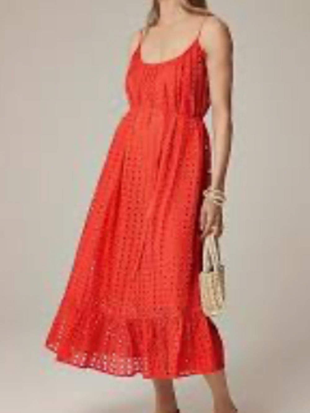 J. Crew Bright Orange Eyelet Ruffled‎ Hem Vacation Cruise Midi Dress. Size XL.